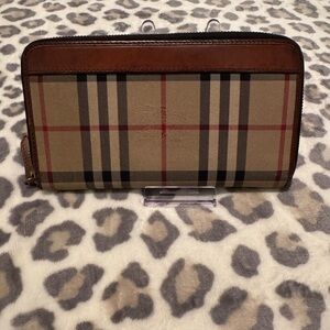 Burberry Brown Leather Zip Wallet with Gold-Tone Hardware